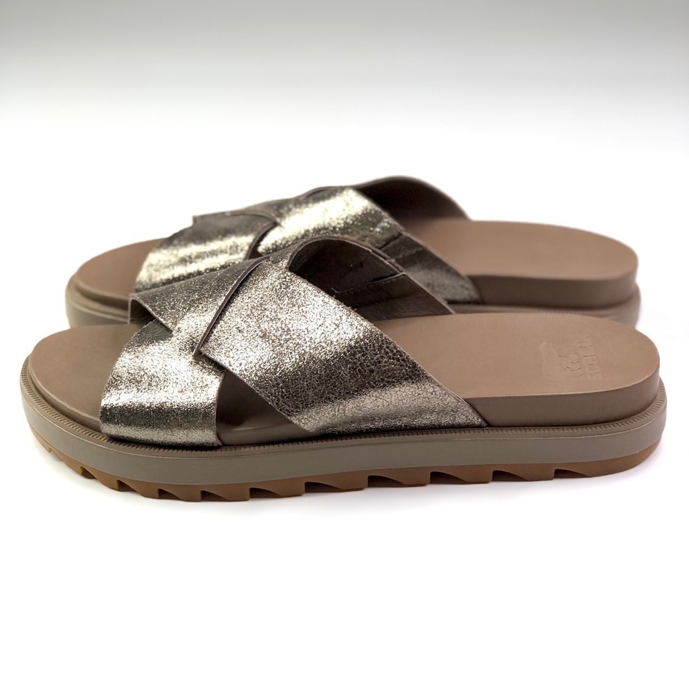 Sorel Roaming criss cross slides sandals crackle metallic silver like new 10 - Picture 4 of 10